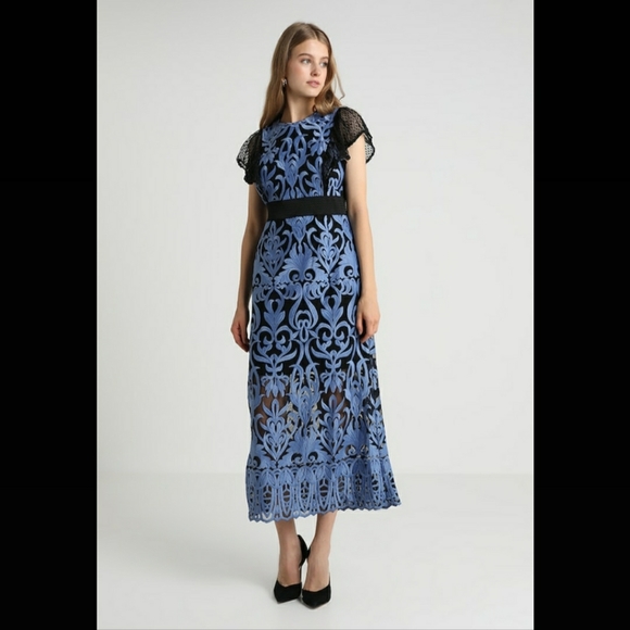 Foxiedox Rosabel Embroidered Midi Sheath Dress Blue Black Large NWT - Picture 1 of 11